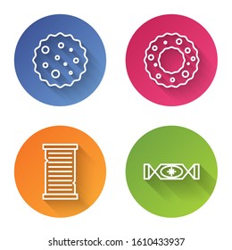 Set line Cookie or biscuit with chocolate, Christmas wreath, Christmas wish list template and Candy. Color circle button. Vector
