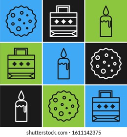 Set line Cookie or biscuit with chocolate, Burning candle in candlestick and Christmas paper shopping bag icon. Vector