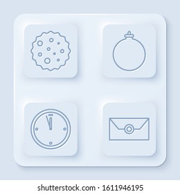 Set line Cookie or biscuit with chocolate, Christmas ball, Clock and Envelope with christmas party invitation card. White square button. Vector