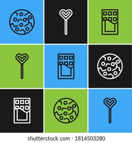 Set line Cookie or biscuit, Chocolate bar and Lollipop icon. Vector