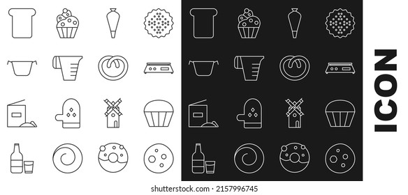 Set line Cookie or biscuit with chocolate, Muffin, Electronic scales, Pastry bag for decorate cakes, Measuring cup, Cooking pot, Bread toast and Pretzel icon. Vector