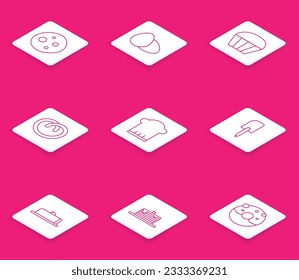 Set line Cookie or biscuit with chocolate, Chicken egg, Muffin, Pretzel, Chef hat, Spatula, Strawberry cheesecake slice and Stack of pancakes icon. Vector