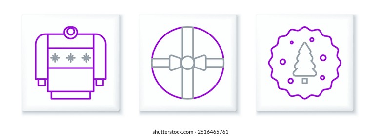 Set line Cookie or biscuit with chocolate, Christmas sweater and Gift box icon. Vector