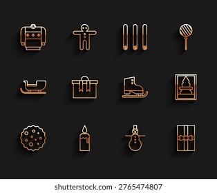 Set line Cookie or biscuit with chocolate, Burning candle in candlestick, Christmas sweater, snowman, Gift box, postcard and Figure skates icon. Vector