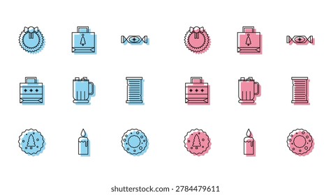 Set line Cookie or biscuit with chocolate, Burning candle in candlestick, Christmas wreath, Hot cup marshmallows, wish list template, paper shopping bag and  icon. Vector