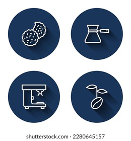 Set line Cookie or biscuit, Coffee turk, machine and beans with long shadow. Blue circle button. Vector
