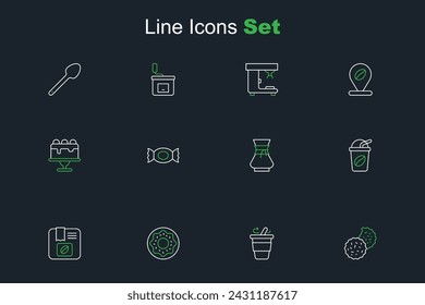 Set line Galleta o galleta, Taza de café para llevar, Donut, Bolsa de granos de café, Helado, Verter sobre la máquina, Dulces y Pastel icono. Vector