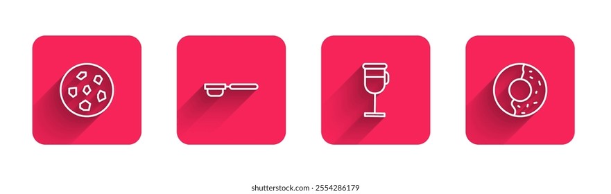 Set line Cookie or biscuit, Coffee filter holder, Irish coffee and Donut with sweet glaze with long shadow. Red square button. Vector