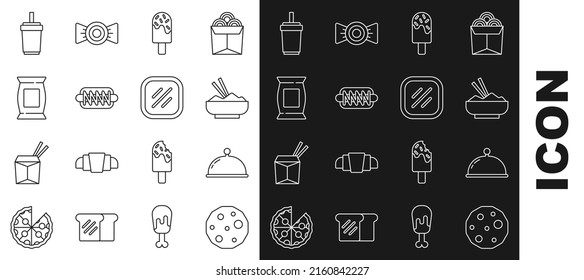 Set line Cookie or biscuit, Covered with tray, Rice in bowl chopstick, Ice cream, Hotdog sandwich, Bag packet potato chips, Paper glass straw and Steak meat icon. Vector