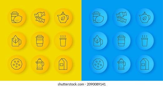 Set line Cookie or biscuit, Cup of tea with leaf, Paper package for milk, lemon, Teapot and Candy icon. Vector