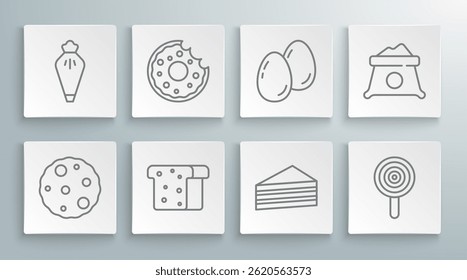 Set line Cookie or biscuit, Donut, Bread toast, Cake, Lollipop, Easter eggs, Bag of flour and Pastry bag icon. Vector