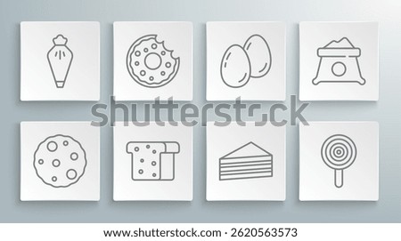 Set line Cookie or biscuit, Donut, Bread toast, Cake, Lollipop, Easter eggs, Bag of flour and Pastry bag icon. Vector