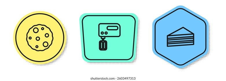 Set line Cookie or biscuit, Electric mixer and Cake. Colored shapes. Vector