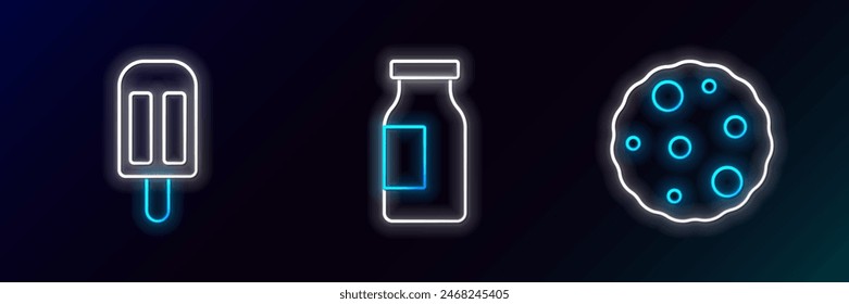 Set line Cookie or biscuit, Ice cream and Bottle with milk icon. Glowing neon. Vector