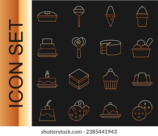 Set line Cookie or biscuit, Jelly cake, Ice cream in bowl, waffle cone, Lollipop, Cake, Homemade pie and  icon. Vector