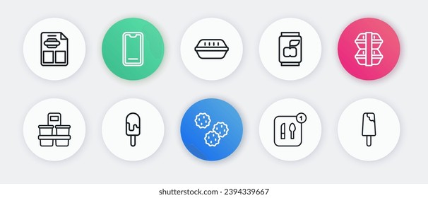 Set line Cookie or biscuit, Lunch box, Coffee cup to go, Food ordering, Soda can, Ice cream and  icon. Vector