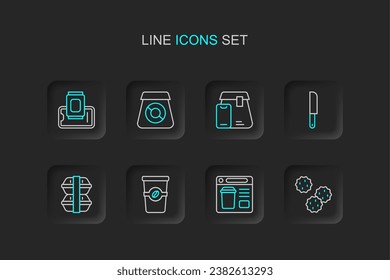 Set line Cookie or biscuit, Online ordering food, Coffee cup to go, Lunch box, Knife,  and Food on mobile icon. Vector