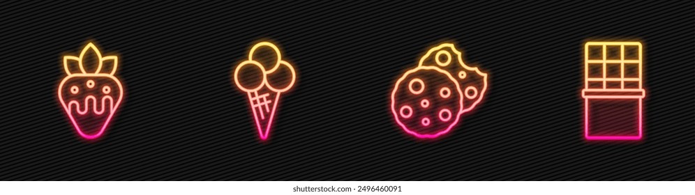 Set line Cookie or biscuit, Strawberry in chocolate, Ice cream waffle cone and Chocolate bar. Glowing neon icon. Vector