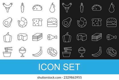 Set line Cookie with chocolate, Chicken leg, Burger, Taco tortilla, Shrimp, Avocado fruit, Sausage on the fork and Bread toast icon. Vector svg