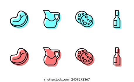 Set line Cookie with chocolate, Steak meat, Jug glass milk and Tabasco sauce icon. Vector