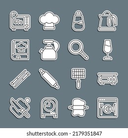 Set line Cooking live streaming, Electronic scales, Wine glass, Salt, Kettle with handle, Cookbook, Microwave oven and Frying pan icon. Vector