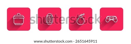 Set line Cooking pot, American Football ball, Bomb ready to explode and Gamepad with long shadow. Red square button. Vector