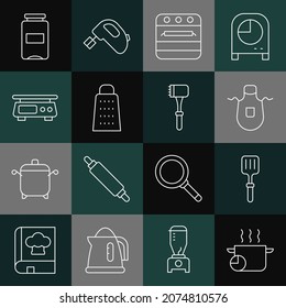 Set line Cooking pot, Barbecue spatula, Kitchen apron, Oven, Grater, Electronic scales, Jam jar and hammer icon. Vector