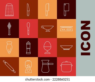 Set line Cooking pot, Bowl, Electronic scales, Bread knife, Spoon, Honey dipper stick, Grater and Sauce boat icon. Vector