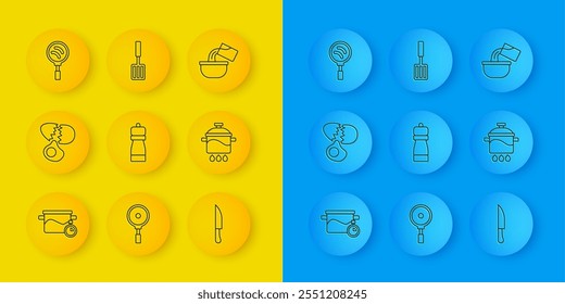 Set line Cooking pot, Broken egg, Pepper, Knife, Frying pan, Saucepan and Barbecue spatula icon. Vector