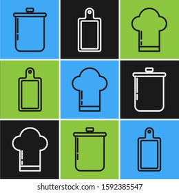 Set line Cooking pot , Chef hat  and Cutting board  icon. Vector