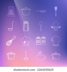 Set line Cooking pot, Chef hat, and fork, Frying pan, Salt pepper, Kitchen ladle, Grater and Spoon icon. Vector