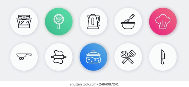 Set line Olla de cocina, Sombrero de chef, Sartén al fuego, Espátula, batidor con cuenco, Hervidor eléctrico, Cuchillo y Rolling pin dough icon. Vector