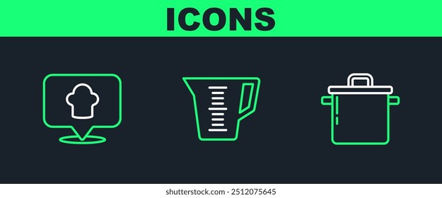 Set line Cooking pot, Chef hat with location and Measuring cup icon. Vector