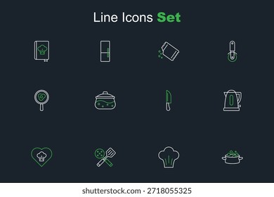 Set line Olla de cocina, sombrero de chef, espátula, hervidor eléctrico, cuchillo y huevos fritos en el icono de la sartén. Vector
