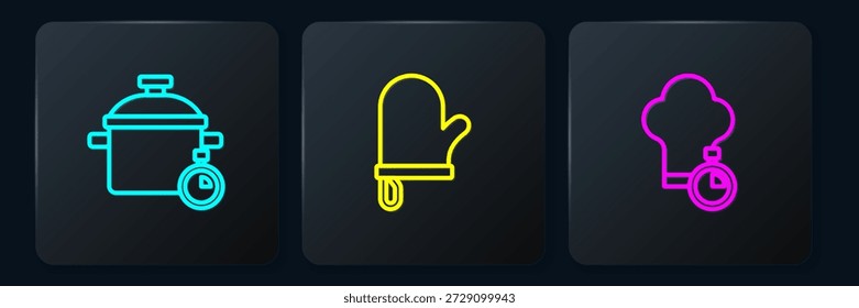 Set line Cooking pot, Chef hat and Oven glove. Black square button. Vector