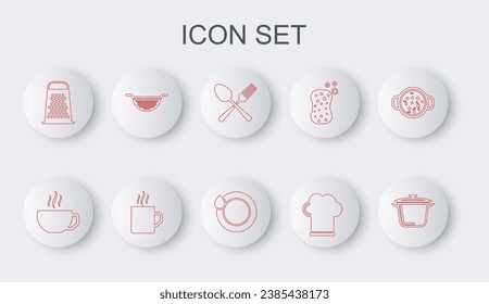 Set line Cooking pot, Coffee cup, Crossed fork and spoon, Chef hat, Grater, Kitchen colander,  and Washing dishes icon. Vector