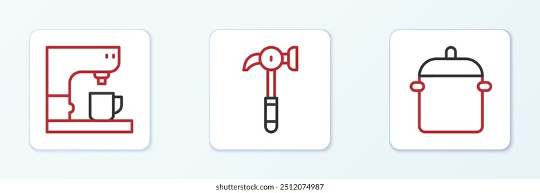 Set line Cooking pot, Coffee machine and Hammer icon. Vector