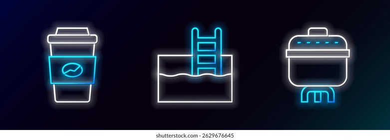 Set line Cooking pot, Coffee cup to go and Swimming pool with ladder icon. Glowing neon. Vector