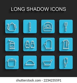 Set line Cooking pot, Covered with tray, Kettle handle, Mortar pestle, Meat chopper, Salt pepper,  and Oven glove icon. Vector