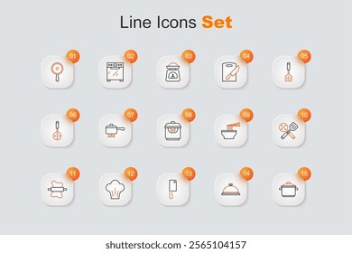 Set line Cooking pot, Covered with tray of food, Meat chopper, Chef hat, Rolling pin on dough, Spatula, Asian noodles bowl and Slow cooker icon. Vector