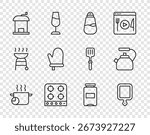 Set line Cooking pot, Cutting board, Salt, Gas stove, Manual coffee grinder, Oven glove, Jam jar and Kettle with handle icon. Vector