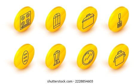 Set line Cooking pot, Cutting board, Blender, Bread loaf, Spatula, Salt and Gas stove icon. Vector