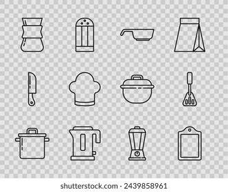 Set line Cooking pot, Cutting board, Frying pan, Electric kettle, Coffee turk, Chef hat, Blender and Spatula icon. Vector