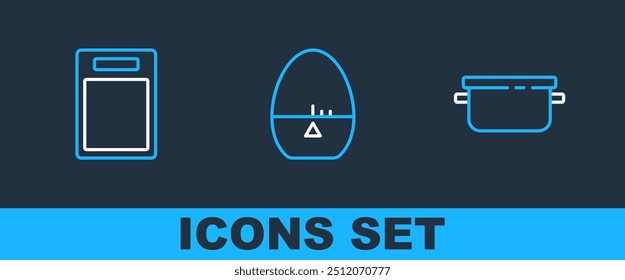 Set line Cooking pot, Cutting board and Kitchen timer icon. Vector