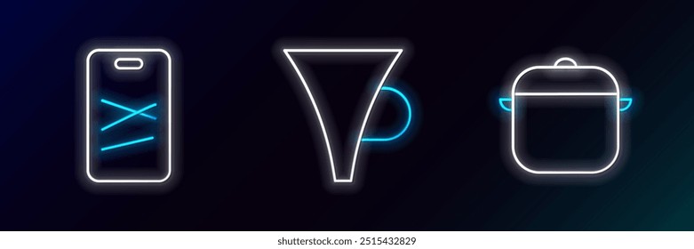 Set line Cooking pot, Cutting board and Funnel or filter icon. Glowing neon. Vector