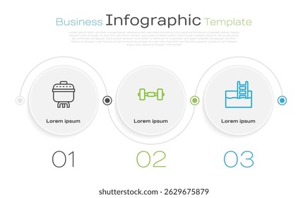 Set line Cooking pot, Dumbbell and Swimming pool with ladder. Business infographic template. Vector