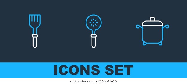 Set line Cooking pot, Fork and Spatula icon. Vector