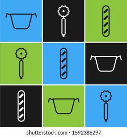 Set line Cooking pot , French baguette bread  and Pizza knife  icon. Vector