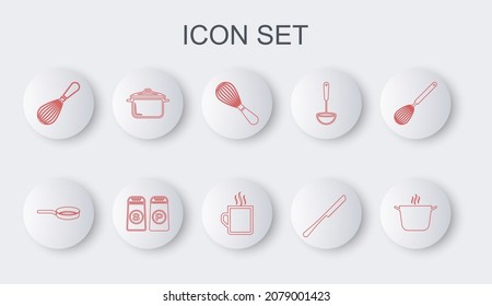 Set line Cooking pot, Frying pan, Kitchen whisk, Knife, Salt and pepper and Coffee cup icon. Vector