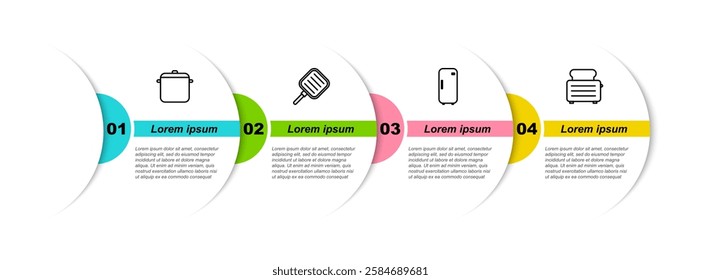 Set line Cooking pot, Frying pan, Refrigerator and Toaster with toasts. Business infographic template. Vector